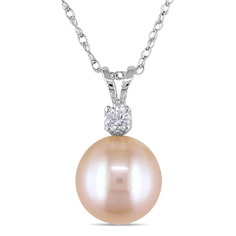 engraved gold pendant necklace-Miadora 14k White Gold Cultured Pearl and Created White Sapphire Necklace (9-9.5 mm)