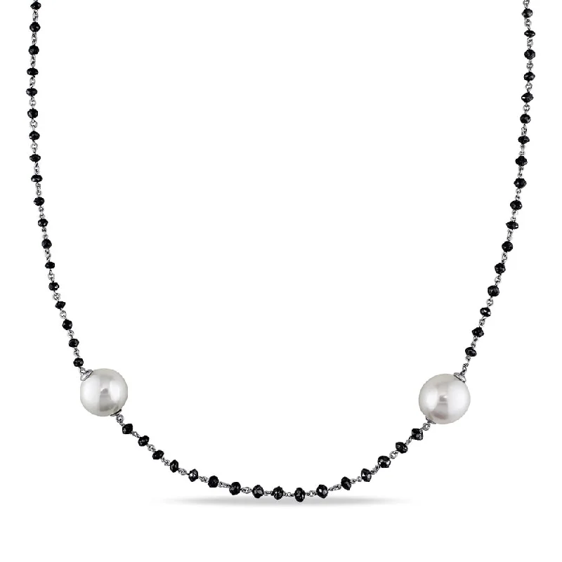 large statement necklace for women-Miadora 14k White Gold South Sea Pearl 34 3/4ct TDW Black Diamond Necklace (11-12 mm) - Black/White