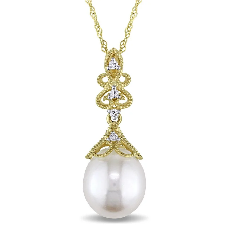 heart-shaped pendant necklace for women-Miadora 14k Yellow Gold White Cultured Freshwater Pearl and Diamond Accent Filigree Drop Necklace (9-9.5 mm)