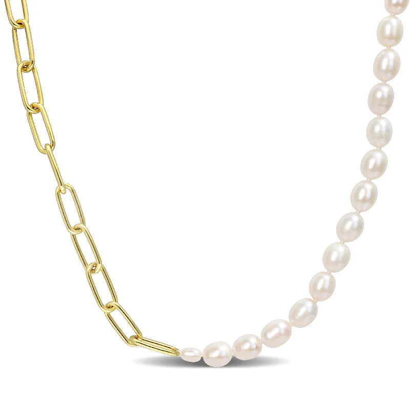 sterling silver rope chain necklace-Miadora 18k Yellow Gold Plated Sterling Silver Cultured Freshwater Pearl & Oval Link Chain Necklace