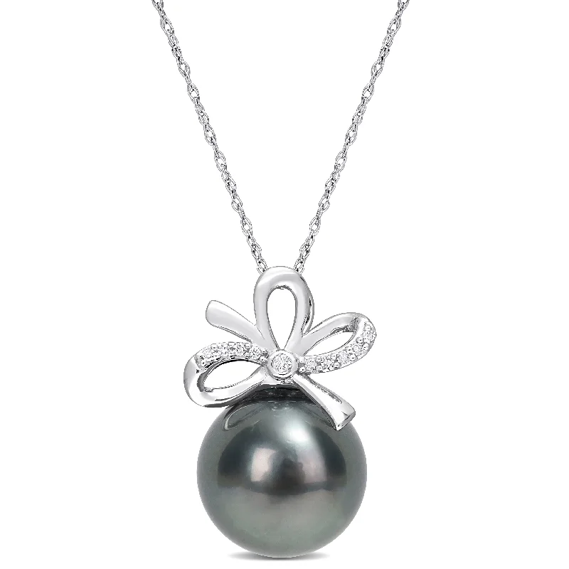 bold pendant necklace for fashion-Miadora Black Tahitian Cultured Pearl and Diamond Accent Bow Pendant in 14k White Gold (12-12.5mm)