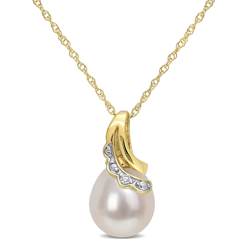 delicate moonstone necklace-Miadora Cultured Freshwater Pearl and Diamond Accent Drop Necklace in 10k Yellow Gold (8.5-9mm)