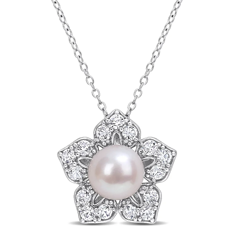 dainty gold heart necklace-Miadora Cultured FW Pearl and Created White Sapphire Floral Necklace in Sterling Silver (8.5-9mm)