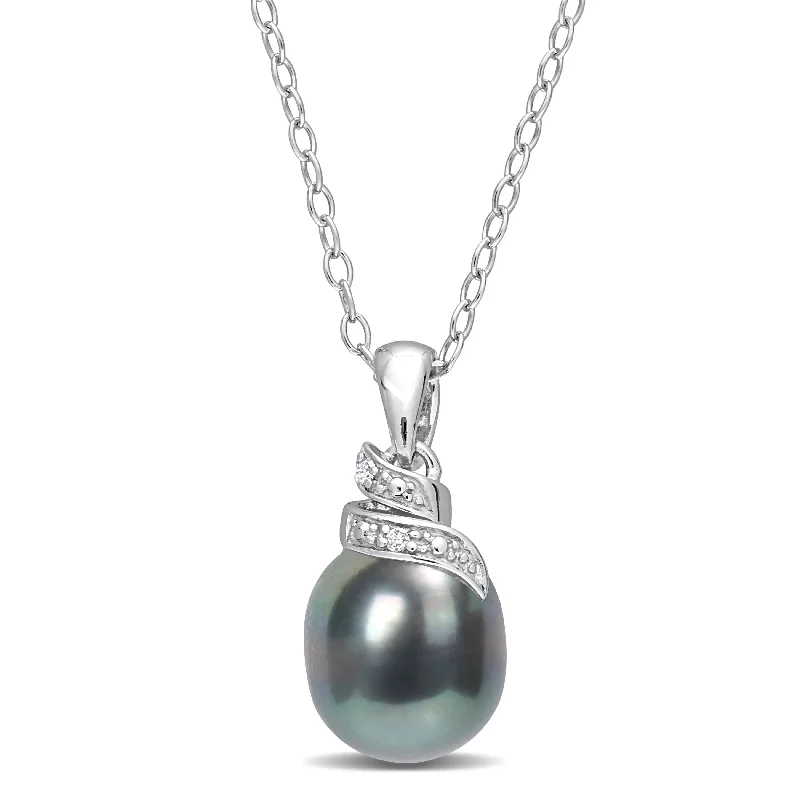 personalized silver name necklace-Miadora Diamond Accent 8-9mm Black Tahitian Cultured Pearl Fashion Pendant with Chain Silver