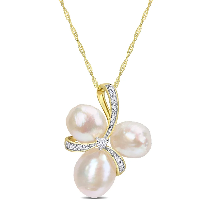 personalized nameplate necklace-Miadora Freshwater Cultured Pearl and 1/10ct TDW Diamond Bow Pendant in 14k Yellow Gold