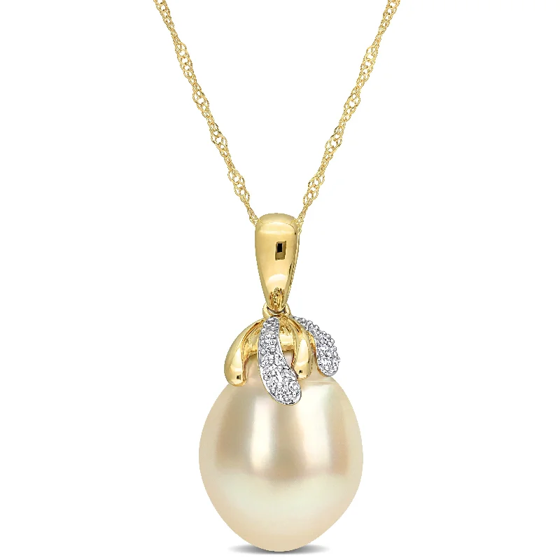 beaded statement necklace for women-Miadora Golden South Sea Cultured Pearl and Diamond Accent Drop Pendant in 14k Yellow Gold (9-10mm)