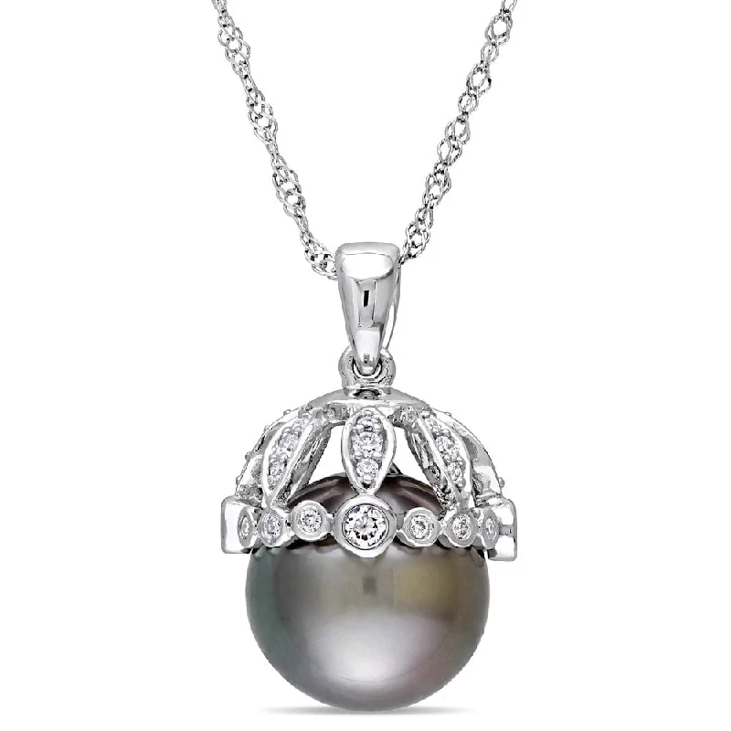 minimalist silver chain necklace-Miadora Signature Collection 14k White Gold Black Tahitian Pearl and 1/4ct TDW Diamond Crown Drop Necklace (9-9.5 mm)