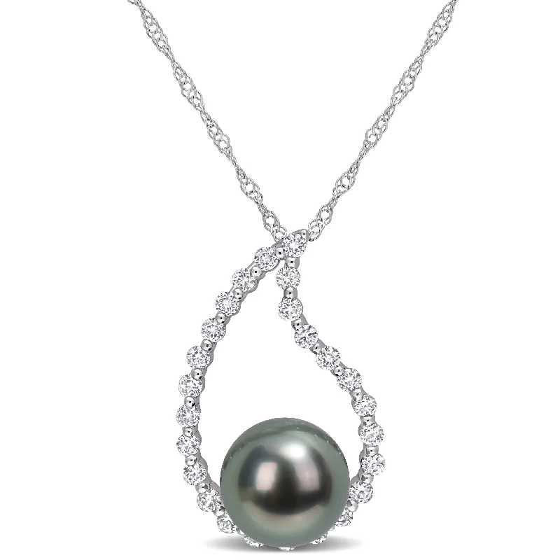 personalized heart pendant necklace-Miadora Tahitian Cultured Pearl & White Sapphire Open Teardrop Necklace in 10k White Gold (8-8.5mm)