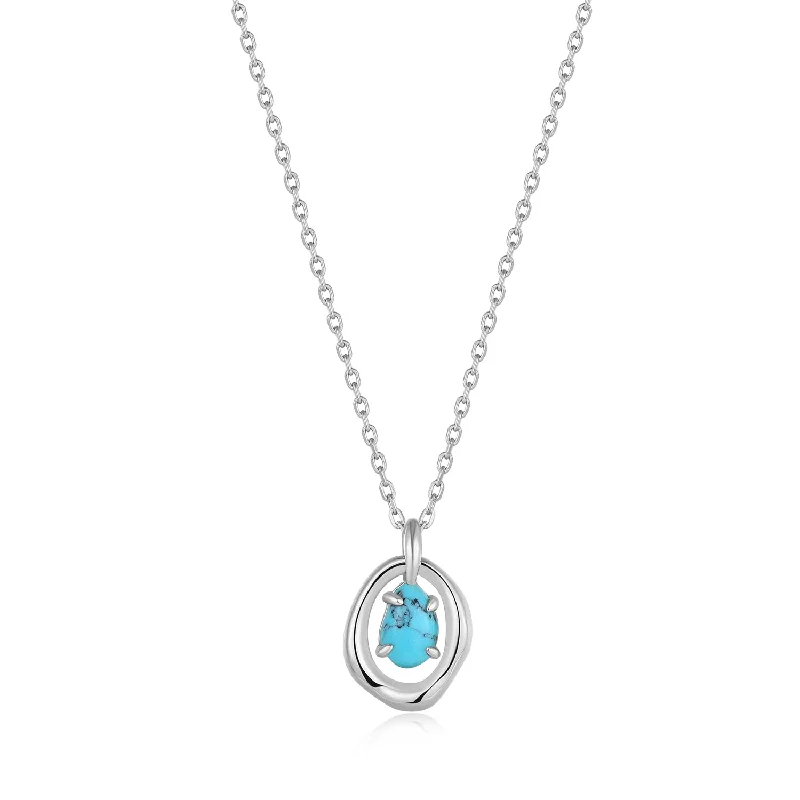 trendy rhinestone necklace for women-Turquoise Wave Circle Pendant Necklace