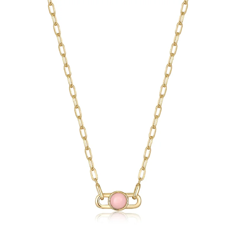 silver nameplate necklace for women-Gold Orb Rose Quartz Link Necklace