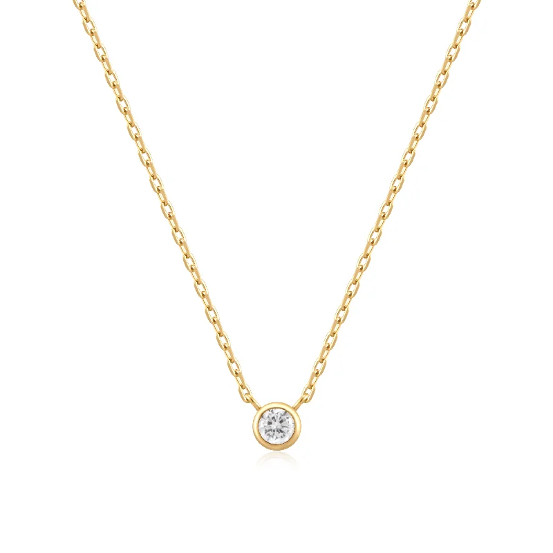 silver cross necklace for men-Gold Round Solitaire Cubic Zirconia Necklace