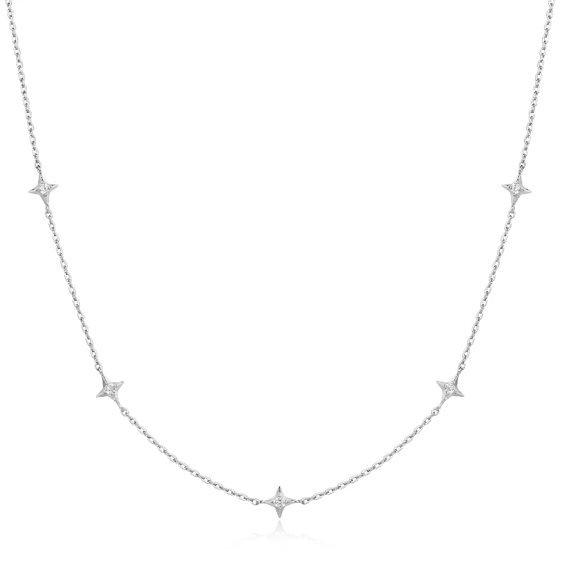 dainty layered necklace for girls-Silver Stars Station Necklace