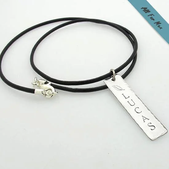 long chain necklace for layering-Nameplate Mens Necklace on Leather Cord - Personalized Gift