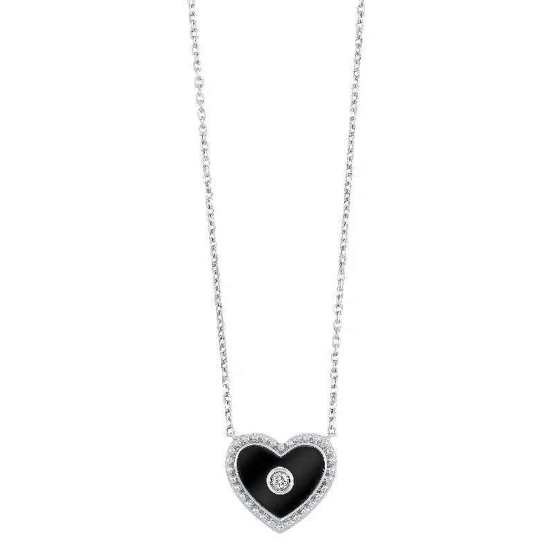 heart-shaped pendant necklace for women-Silver Black Diamond Heart Pendant