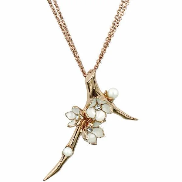 fashion choker necklace for teens-Cherry Blossom Branch Pendant - Rose Gold Vermeil, Diamond & Pearl