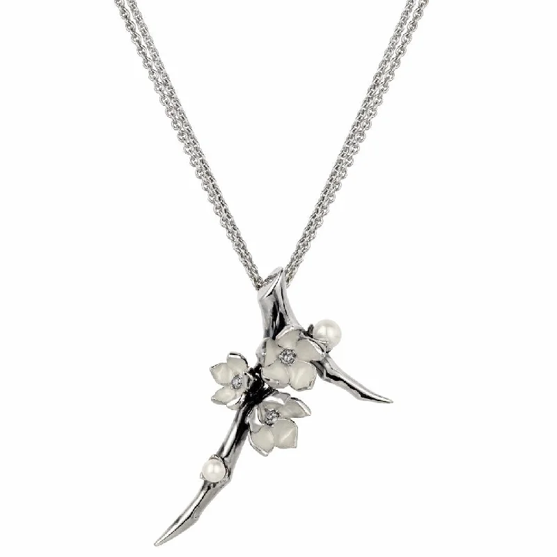 men’s engraved bar necklace-Cherry Blossom Branch Pendant - Silver, Diamond & Pearl