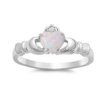 silver link chain necklace for women-Sterling Silver Created White Opal Heart Claddagh Crown Ring