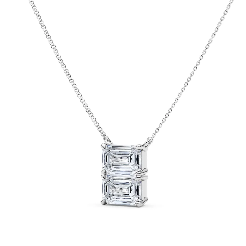 elegant crystal necklace for brides-Twin Emerald East-West Diamond Pendant