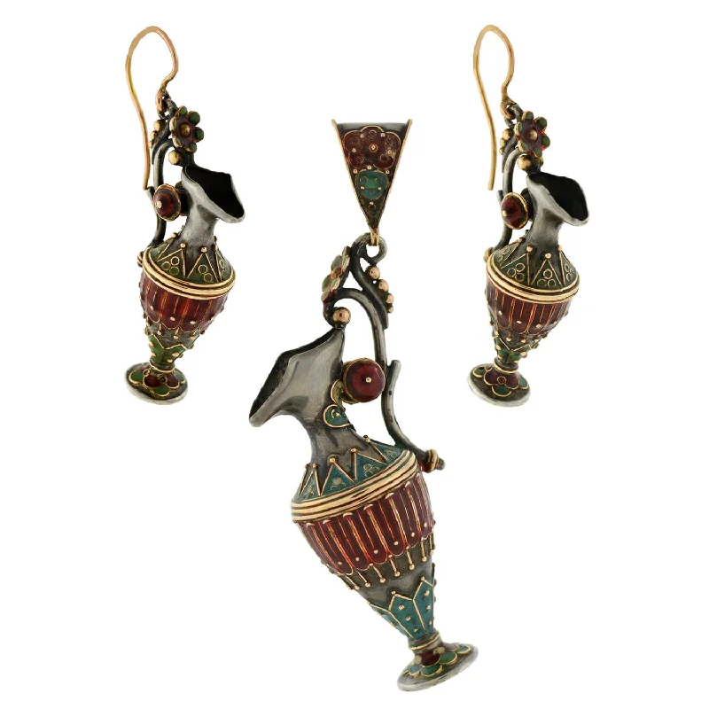 colorful acrylic earrings for bold fashion -Victorian Sterling Enameled Etruscan Urn Earring + Pendant Set