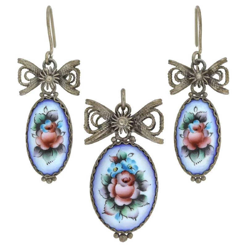 sparkly rhinestone earrings for a glamorous look -Art Deco Sterling Hand-Painted Porcelain Earrings + Pendant Set