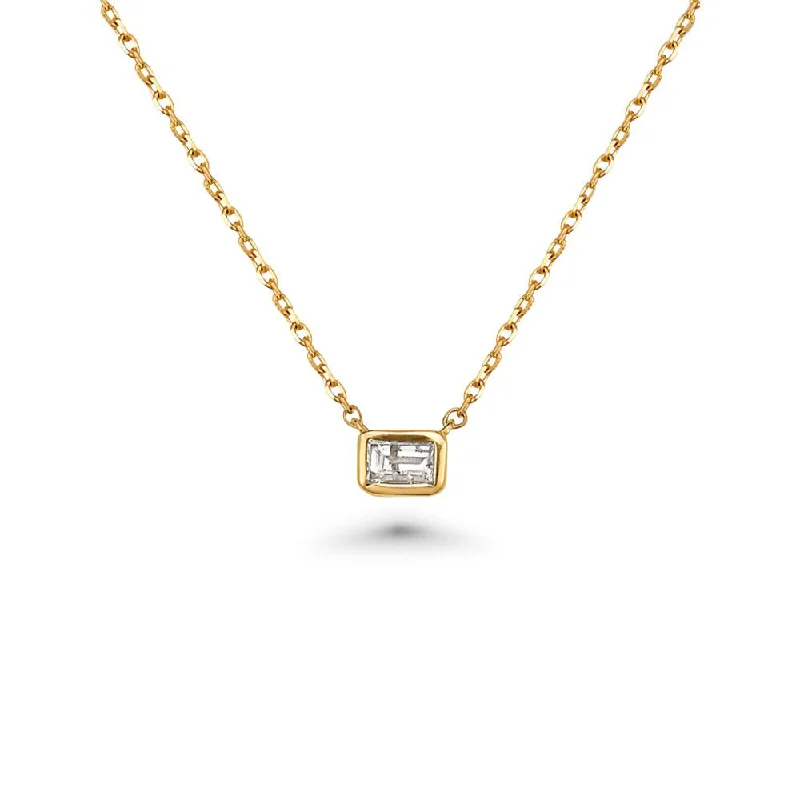 sterling silver bar necklace for women-Emerald Cut Diamond Solitaire Necklace (0.20 ct.) 6.50 mm Bezel Set in 14K Gold