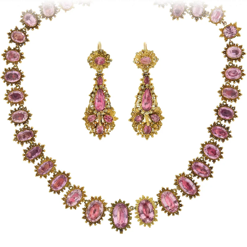 luxury gemstone earrings for elegant wear -Georgian Rare 18kt Foil-Back Pink Topaz Necklace + Earring Demi-Parure Set