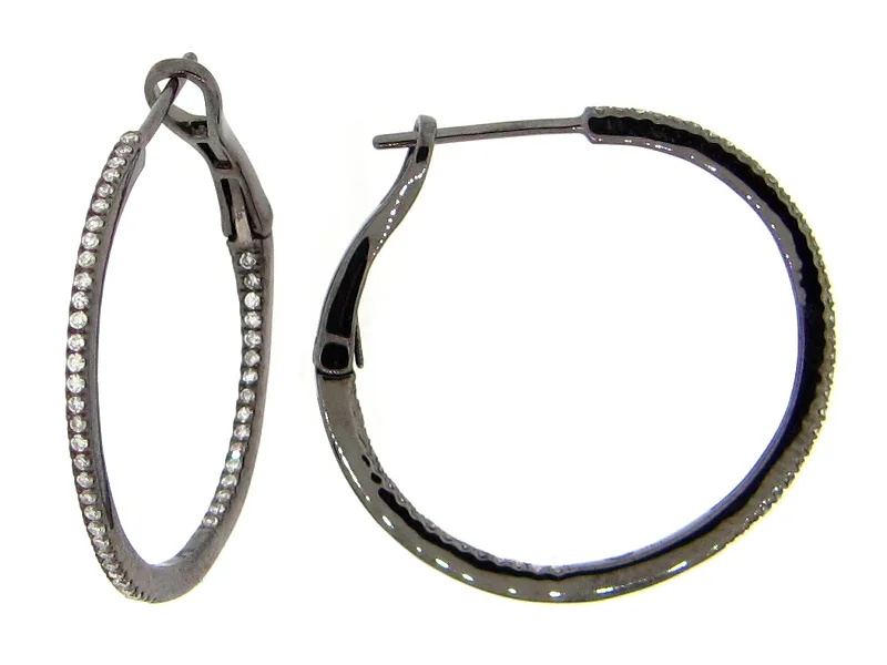 glamorous ear cuffs for a trendy look -Lady's 14 Karat black Small Hoop Earrings 0.28tw Round Diamonds 26MM