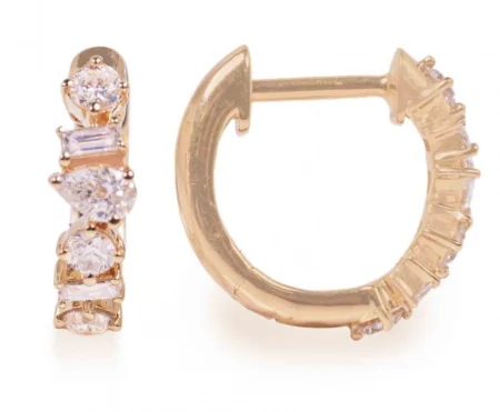 minimalist gold earrings for effortless chic -Lady's Huggie Earrings With 2=0.09Tw Pear Diamonds, 6=0.20Tw Round Diamonds