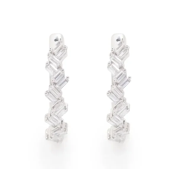 custom-made earrings for one-of-a-kind style -Lady's White 14 Karat Small Hoop Earrings 32=0.26tw Baguette Diamonds