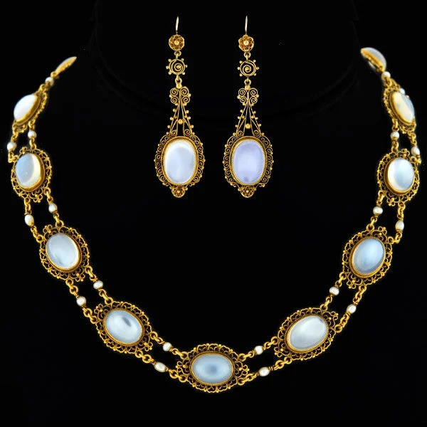 statement flower earrings for bold style -Victorian 14kt Moonstone + Pearl Filigree Earring Necklace Set