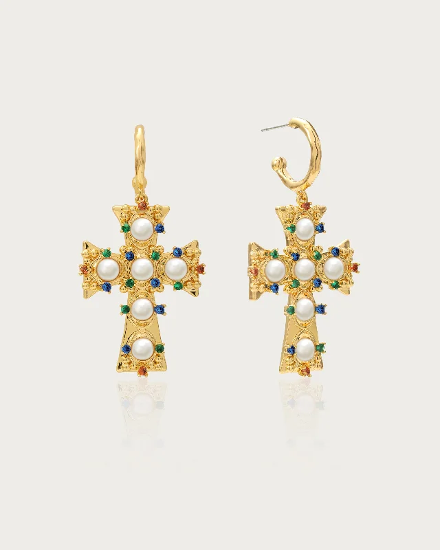 large dangle earrings for statement fashion -Lover of Helius Pearl Cross Earrings