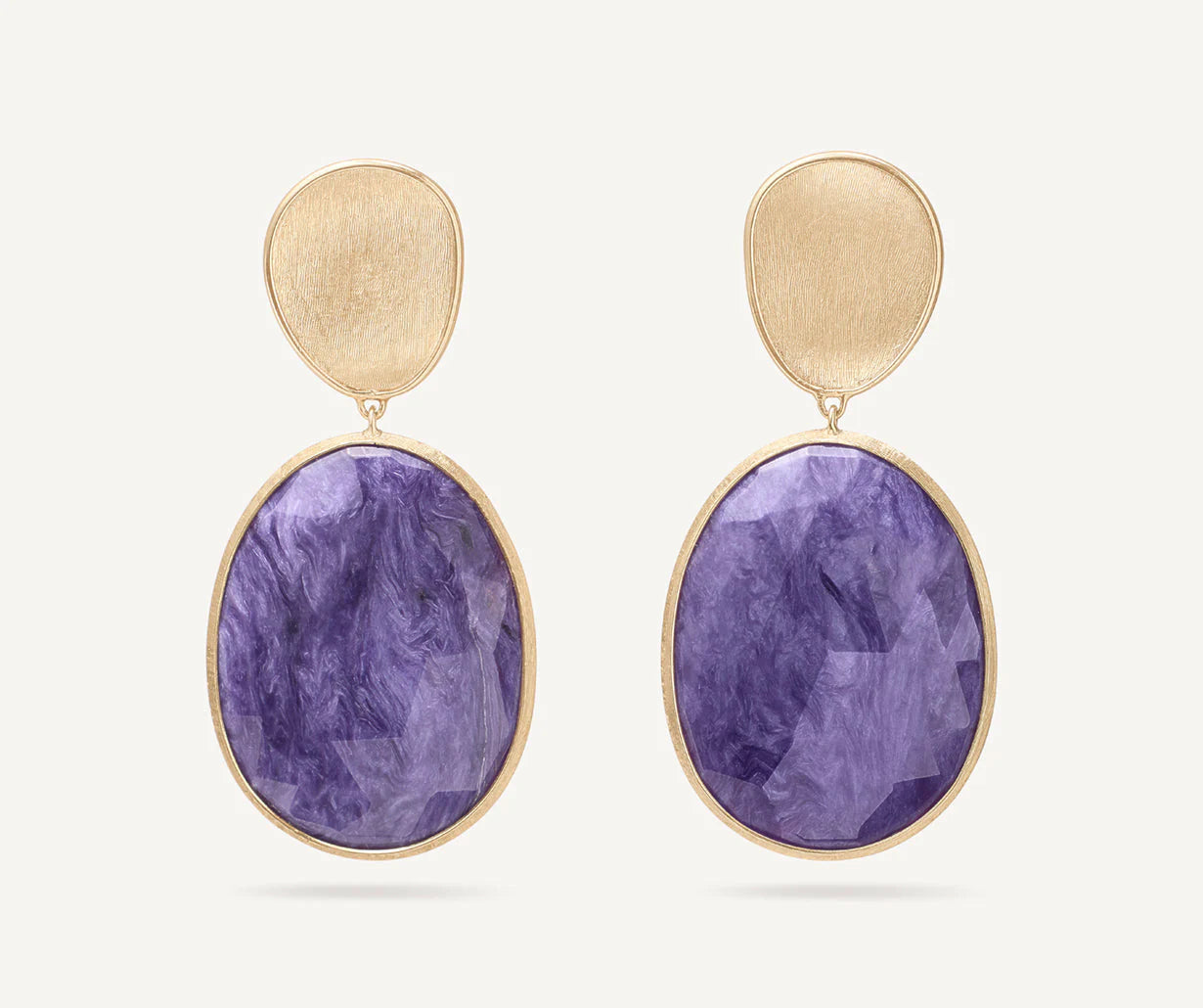 glittering crystal earrings for evening glamour -Lunaria Yellow Gold Double Drop Charoite Earrings