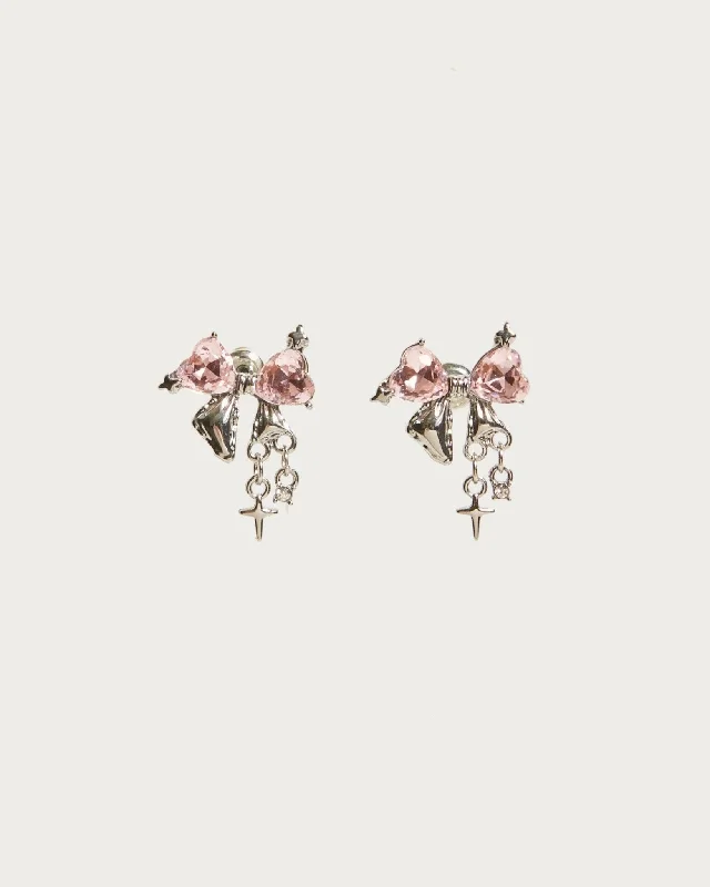 geometric drop earrings for contemporary appeal -Sparkle Bow Earrings in Pink Silver