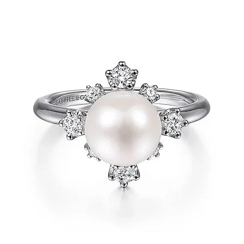 trendy rings for men-14K White Gold Pearl Ring with Bursting Diamond Halo