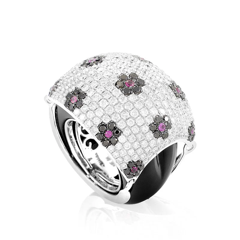 classic gold engagement rings-18K White Gold Floral Gemstone Pave Dome Ring