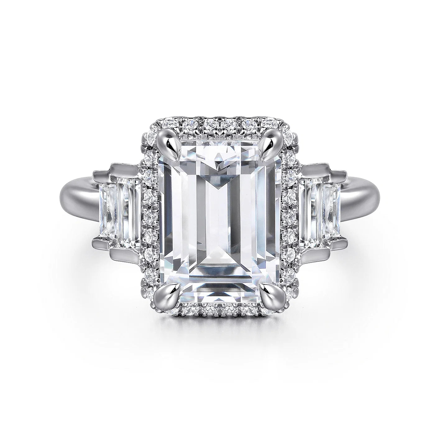 custom wedding rings with stones-Anita Emerald Cut Halo 5-Stone Diamond Engagement Ring Setting