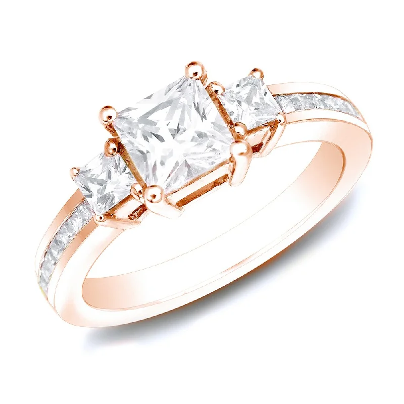 wedding rings with sapphire stones-Auriya 14k Rose Gold 1 1/2ctw Princess-cut 3-Stone Diamond Engagement Ring