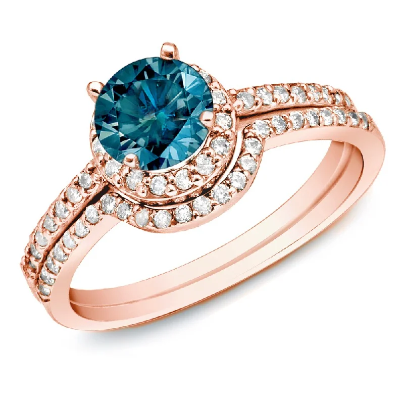 gemstone promise rings for women-Auriya 14k Rose Gold 1ctw Halo Blue Diamond Engagement Ring Set