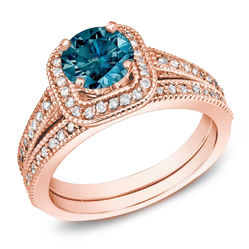 men’s vintage rings with gemstones-Auriya 14k Rose Gold 1ctw Unique Blue Diamond Halo Engagement Ring Set