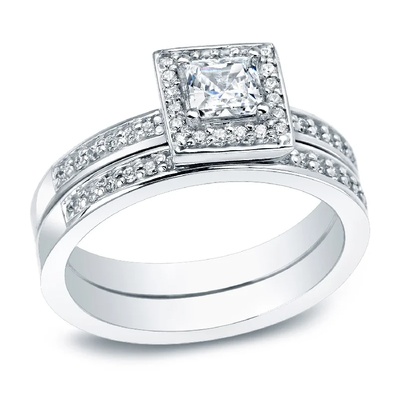 fashion rings with gemstones-Auriya Platinum 1/2ctw Princess-cut Halo Diamond Engagement Ring Set