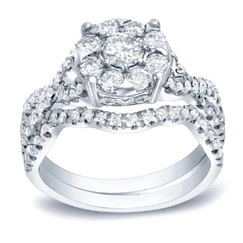 handmade diamond rings-Auriya Platinum 1ct TDW Twisted Diamond Halo Engagement Ring Bridal Set