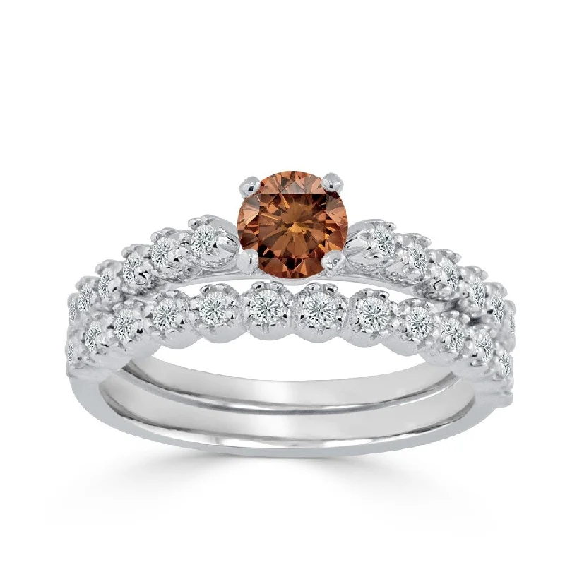 best rings for proposal-Auriya Round 3/4ct TDW Brown Diamond Engagement Ring Set 14k Gold