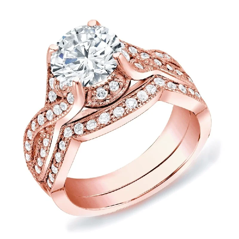 affordable designer engagement rings-Auriya Twisted Split Shank 1 1/2ct TDW Round Diamond Engagement Ring Set 14k Rose Gold