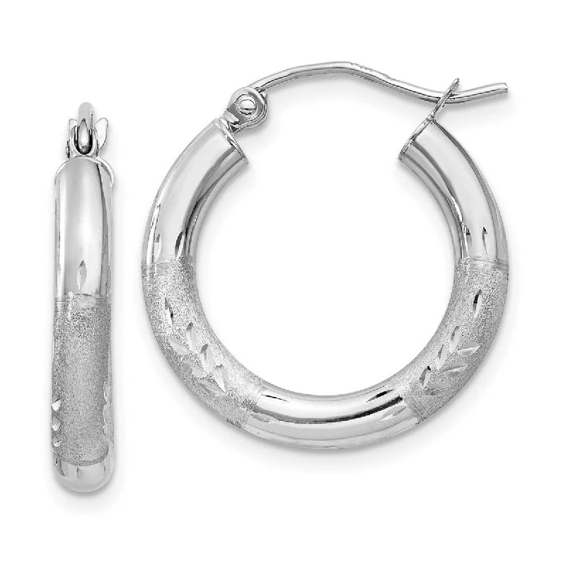 minimalist hoop earrings for a chic, simple look -Curata 10k White Gold Satin and Sparkle Cut 3x20mm Round Hoop Earrings