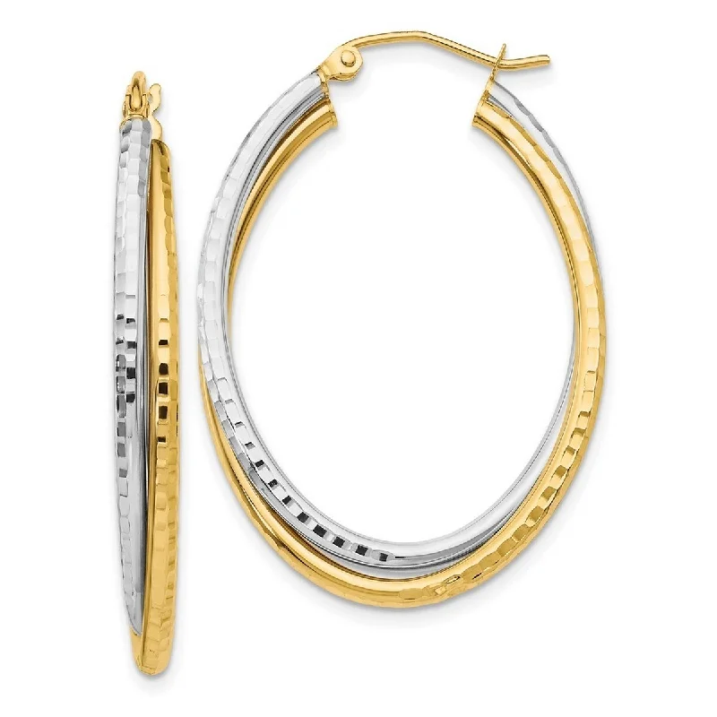 sparkling gemstone earrings for festive looks -Curata 14K Two-tone Gold 22x5mm Double Diamond-cut Oval Hoop Earrings