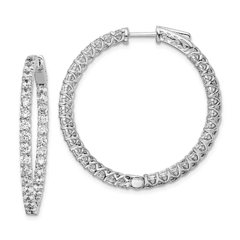 crystal earrings for a sparkling finish -Curata 925 Sterling Silver Polished Prong set Safety clasp Rhodium Plated With CZ Cubic Zirconia Simulated Diamond Hinged Hoop