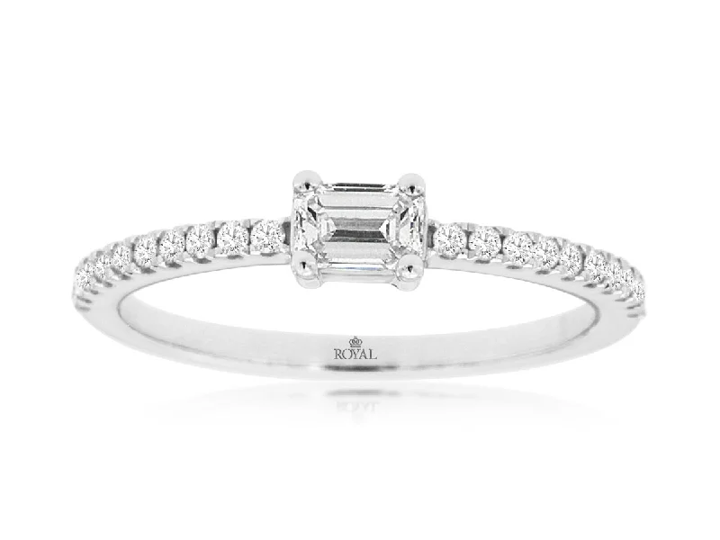 custom engraved rings for women-Emerald Cut Diamond Pave Engagement Ring in 14k White Gold, 0.42cttw