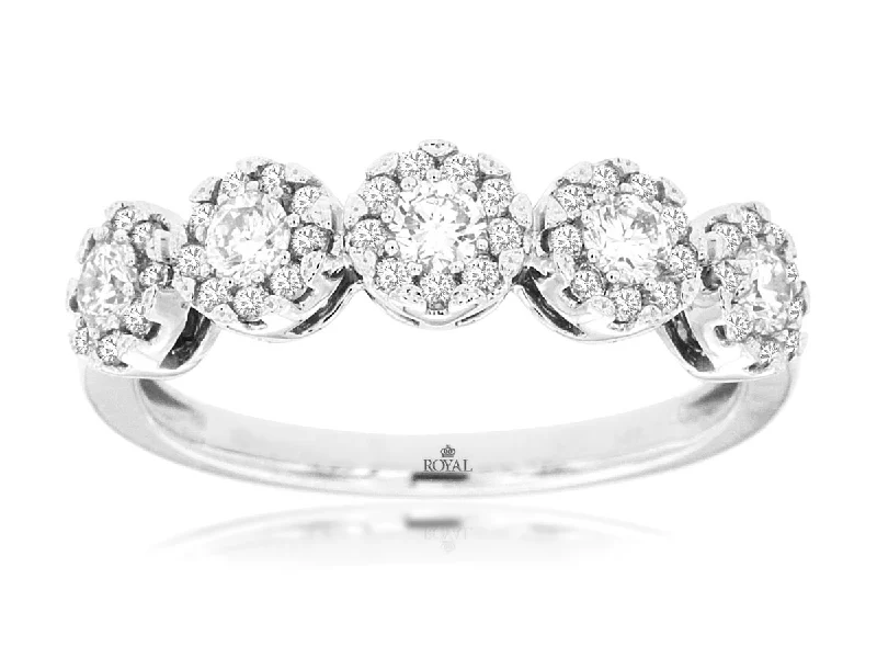 unique diamond rings for women-Five Round Diamond Halo Wedding Band in 14k White Gold, 0.75cttw