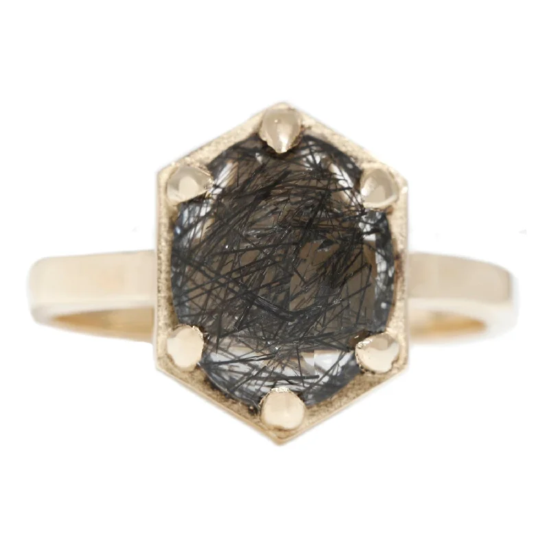 white gold rings with gemstones-Black Tourmalated Hexagon Quartz Ring