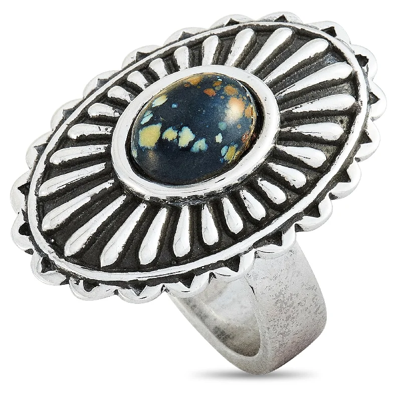 affordable silver rings for men-King Baby Large Starburst Concho Silver and Spotted Turquoise Ring